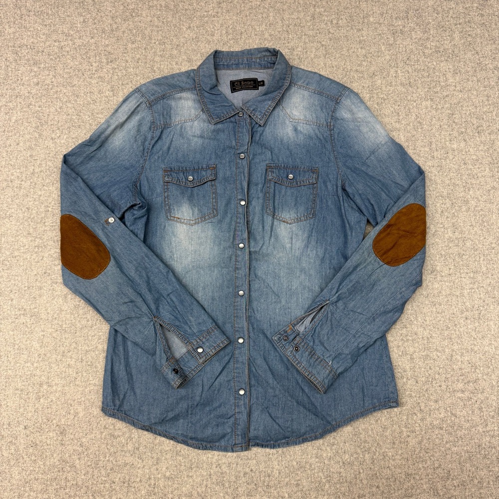 Ci Sono Denim Collection Button Down Shirt Large Blue Western Elbow Patch TP180